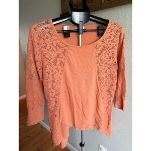 Sundance Orange Lacey Mixed Media Boho Feminine Stretch Knit Top 3/4 Sleeve L